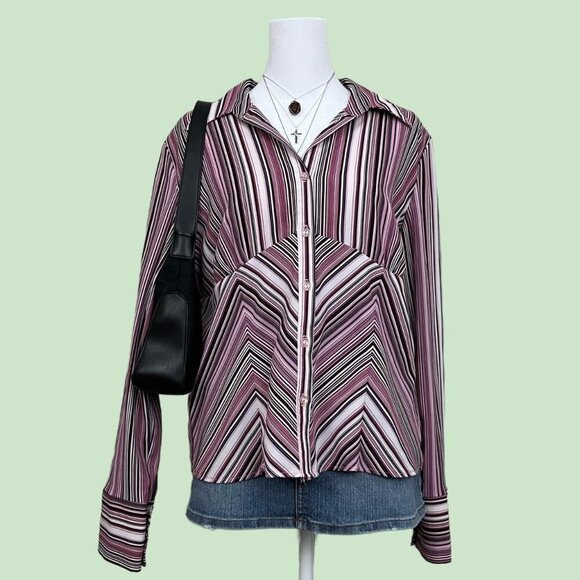 pink black and white pinstriped y2k long sleeve button up top - Picture 1 of 8